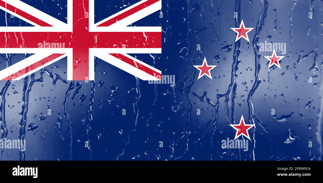 3D Flag of New Zealand on a glass with water drop background Stock ...