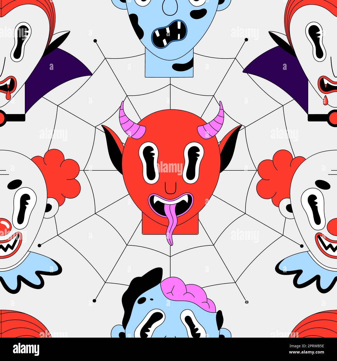 Halloween seamless pattern. Colorful spooky characters on white background. Vampire Dracula, clown, devil, zombie. Cartoon scary portraits. Black outl Stock Photo