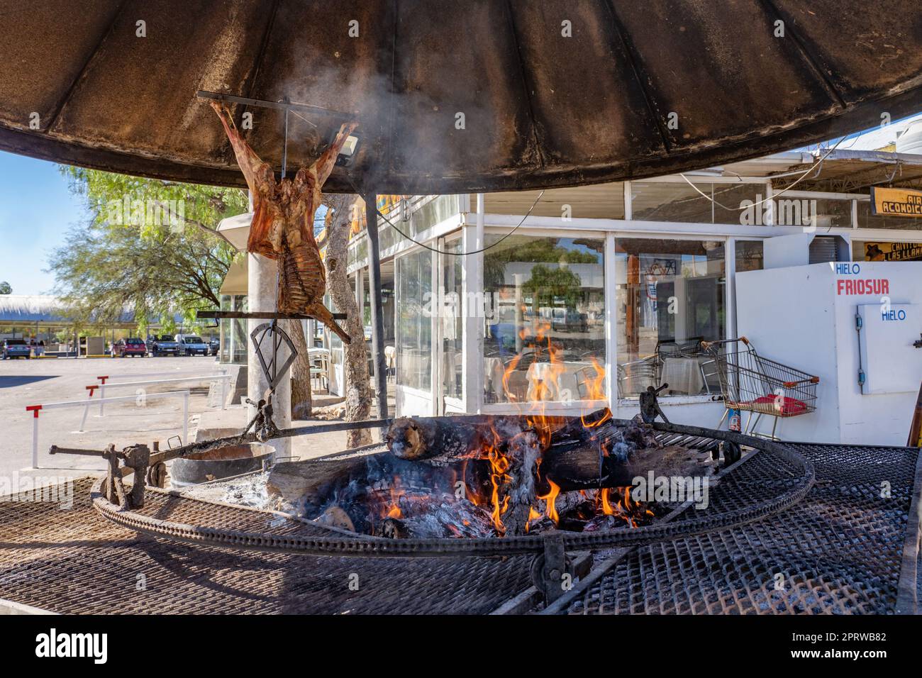 A whole goat being roasted on a woodfired parrilla or grill by the Difunta Correa Shrine in