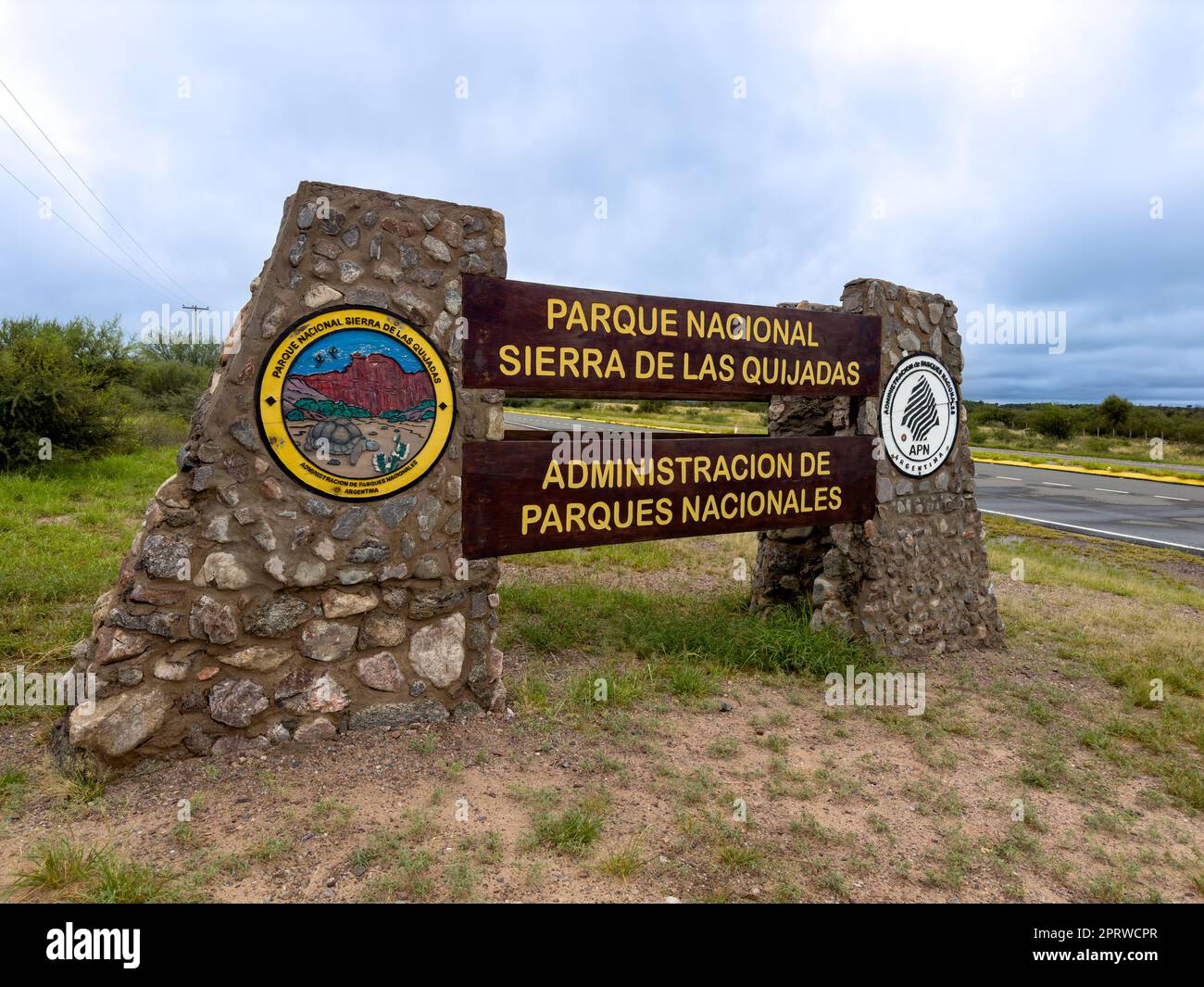 Sign at the entrance to Sierra de las Quijadas National Park, San Luis, Argentina. Stock Photo