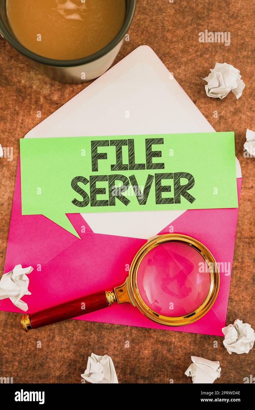 Handwriting text File Server, Business concept device which controls access to separately stored data Stock Photo