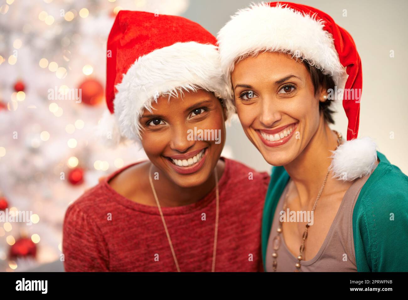 We love Christmas time. Portrait of two happy best friends wearing santa hats at Christmastime. Stock Photo