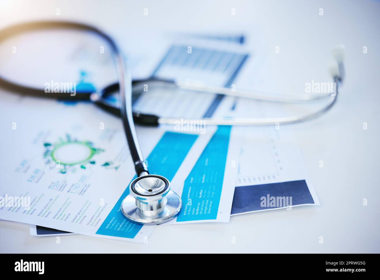 stethoscope for medical doctor diagnosis on blue health science laboratory  background Stock Photo