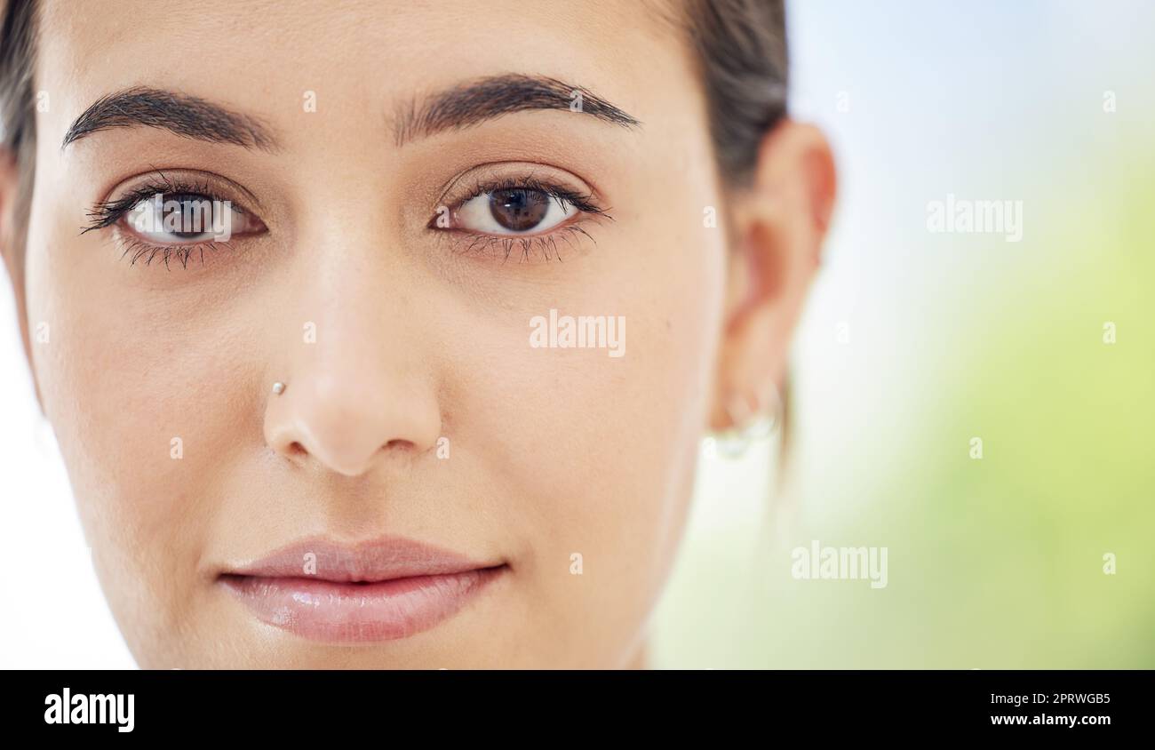 Beauty, thinking and face of woman with healthy, clean and smooth skin and a nose piercing