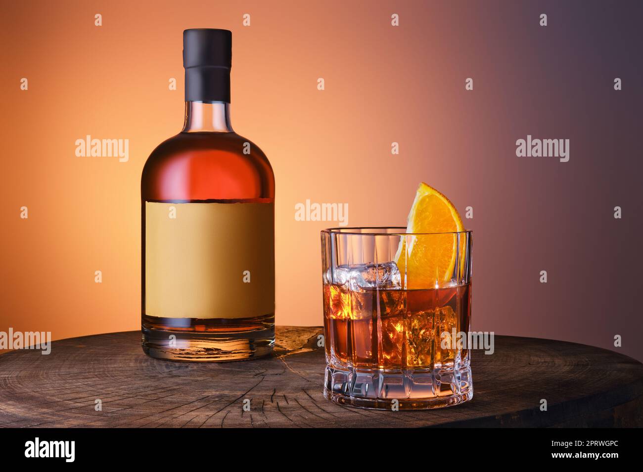 Bottle and glass with blended malt scotch whisky Stock Photo