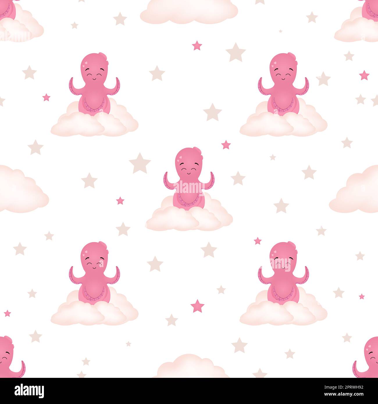 Vector illustration of a pink octopus. Seamless pattern for babies. Sea ...