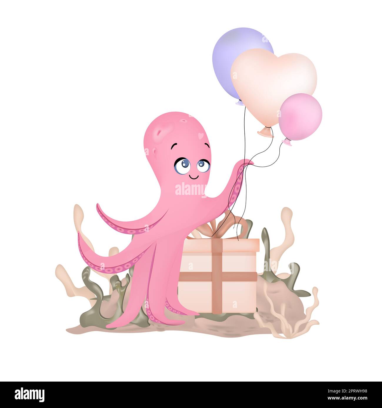 Octopus character. Happy birthday. Balloons. Cute baby animal octopus