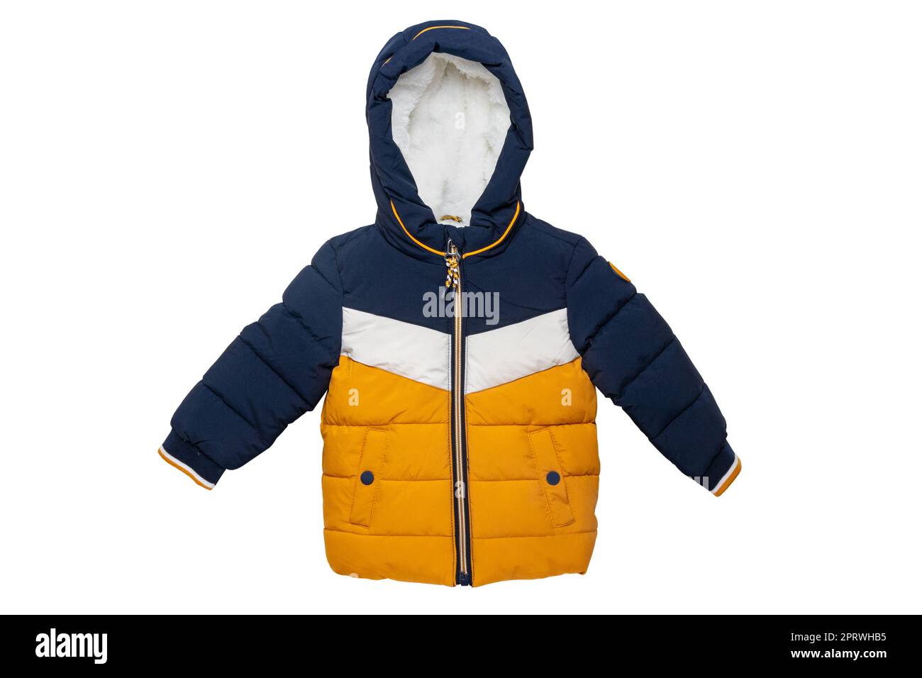 Down jacket for children. Stylish yellow blue cosy warm winter down jacket for kids isolated on a white background. Clipping path. Autumn and winter fashion. Stock Photo