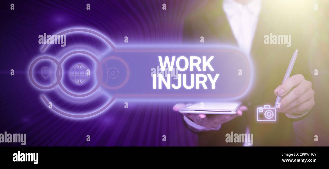 Text showing inspiration Work Injury. Business idea Accident in job Danger Unsecure conditions Hurt Trauma Stock Photo
