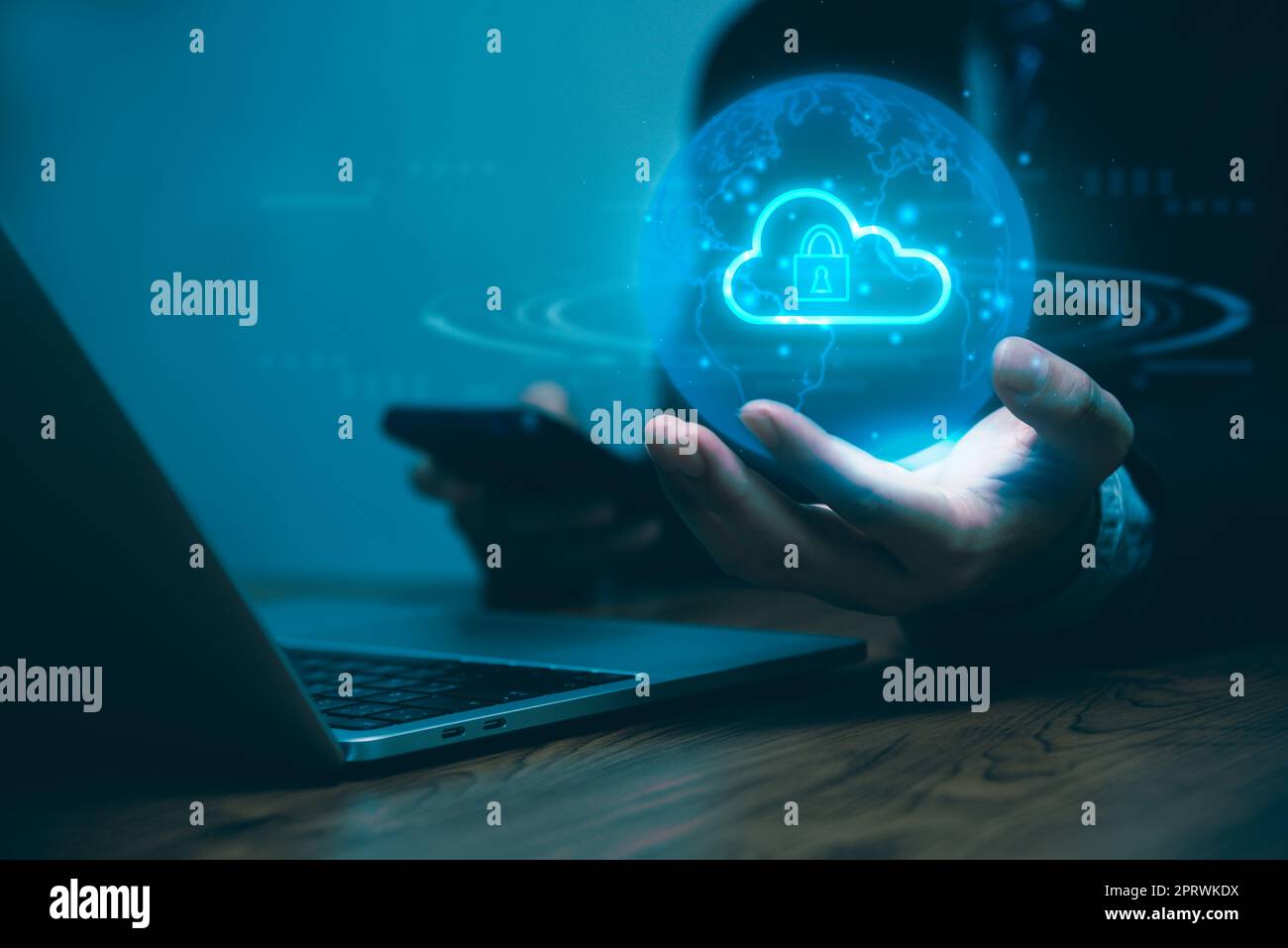 Businessman working Cybersecurity hologram with glowing lock icons on the virtual screen.Business technology internet and networking concept Stock Photo