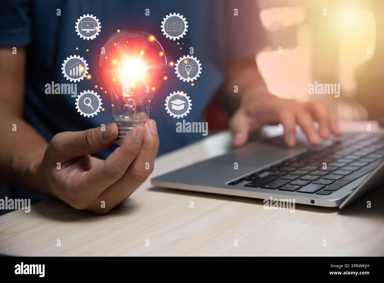invention innovation bulb business technology lamp light connection education electricity businessman holding energy interaction features internet power. Stock Photo