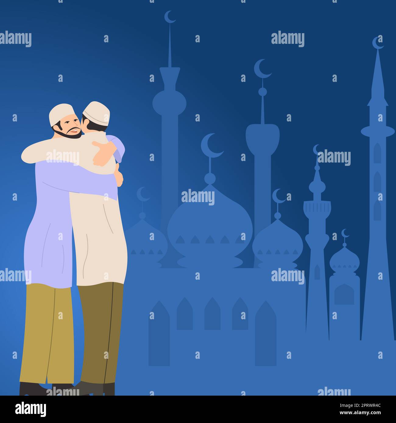 Friends Hugging In Front Of Mosque Celebrating Ramadan. Men In Traditional Clothes Standing At Holy Place. Two People Honoring Their God. Group Of Two Praying. Stock Photo