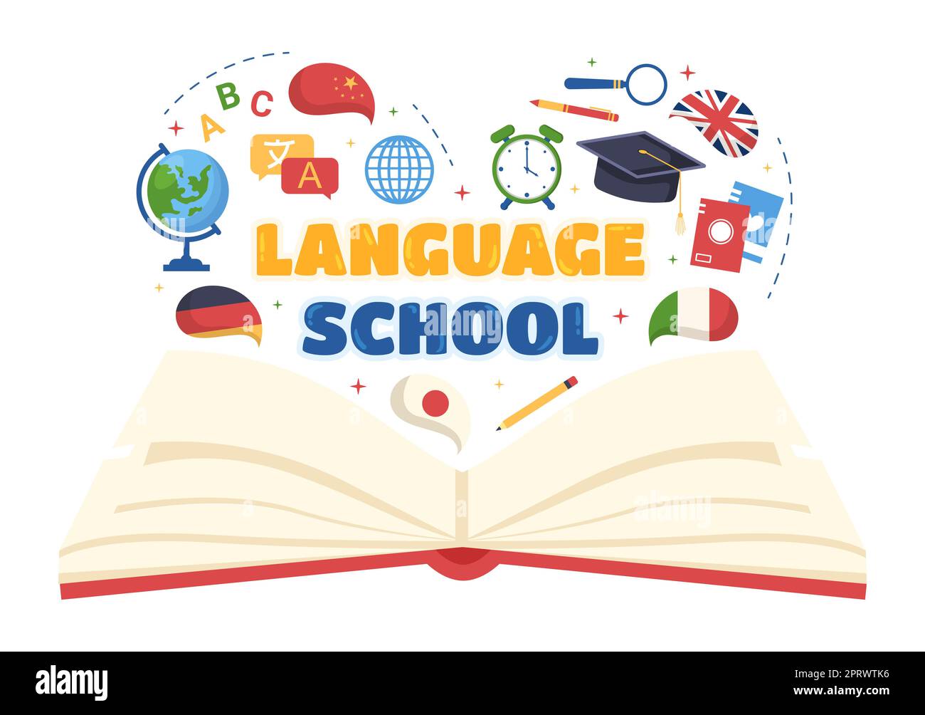 Language School Template Hand Drawn Cartoon Flat Illustration of Online
