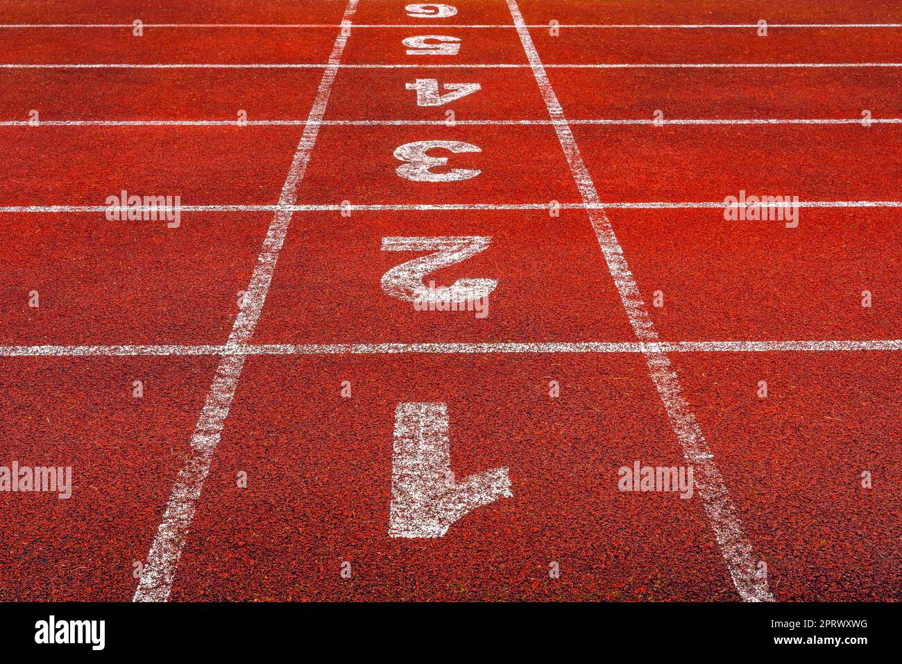 Start points with numbers from one to six on running track Stock Photo