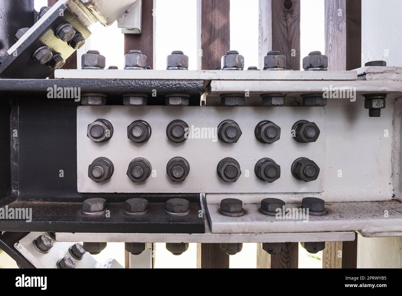 Bolted connection of steel beams. Massive metal construction Stock Photo