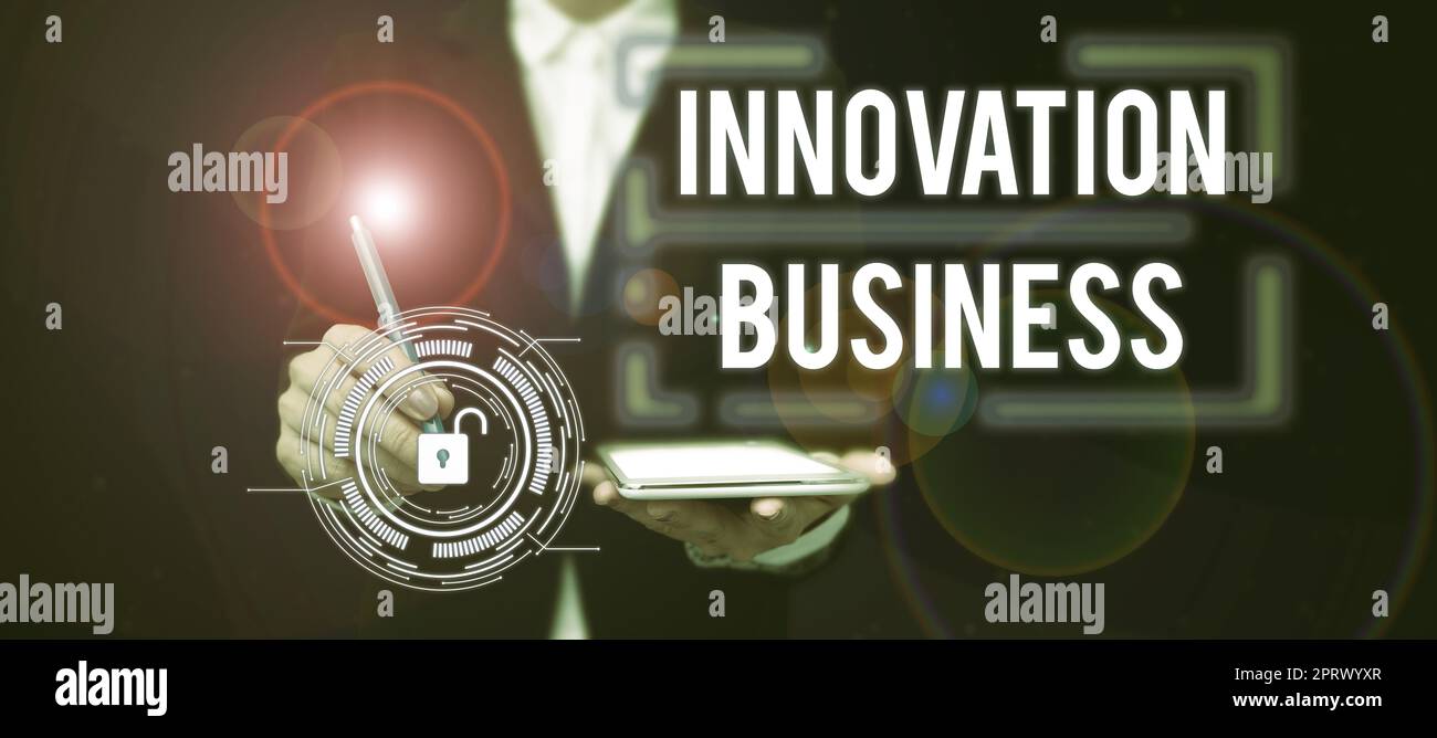 Text sign showing Innovation Business. Concept meaning Introduce New Ideas Workflows Methodology Services Stock Photo