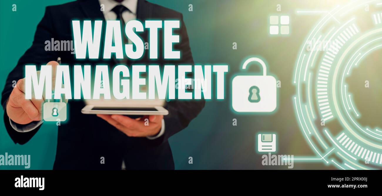 Text sign showing Waste Managementactions required manage rubbish