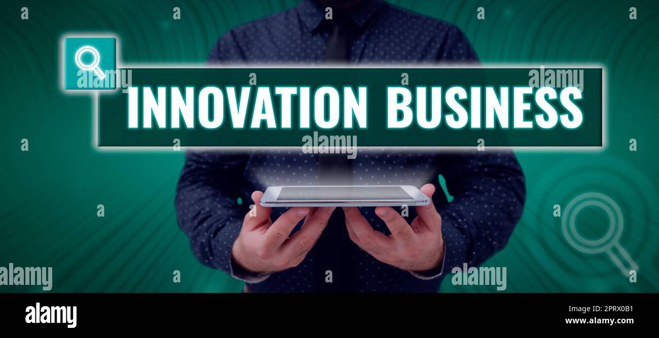 Text caption presenting Innovation Business. Business overview Introduce New Ideas Workflows Methodology Services Stock Photo
