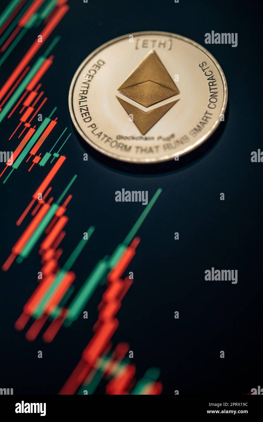 Silver Ethereum with candle stick graph chart and digital background