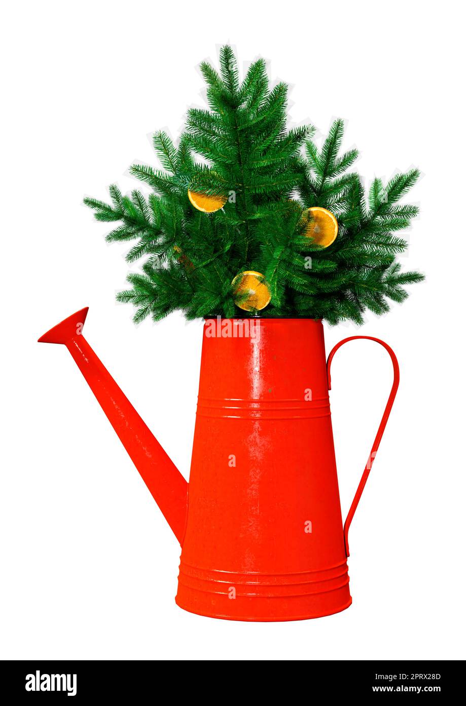 3D rendering of a Christmas tree branch in a red watering can isolated on white background Stock
