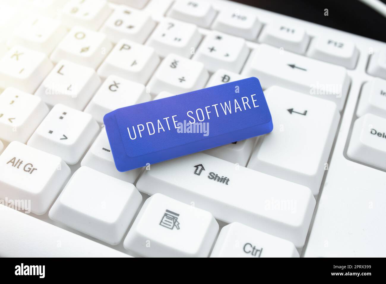 Handwriting text Update Softwarereplacing program with a newer version of same product. Business overview replacing program with a newer version of same product Stock Photo