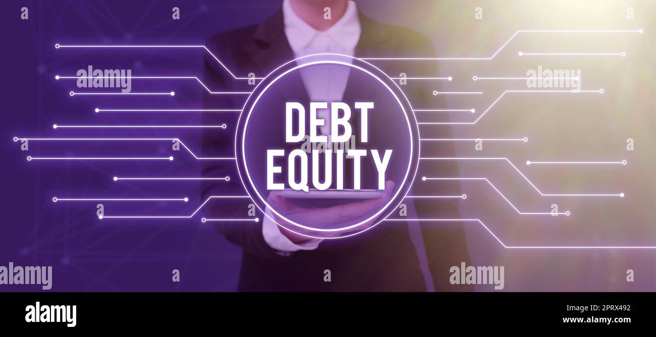 Text showing inspiration Debt Equity. Business idea dividing companys total liabilities by its stockholders Stock Photo
