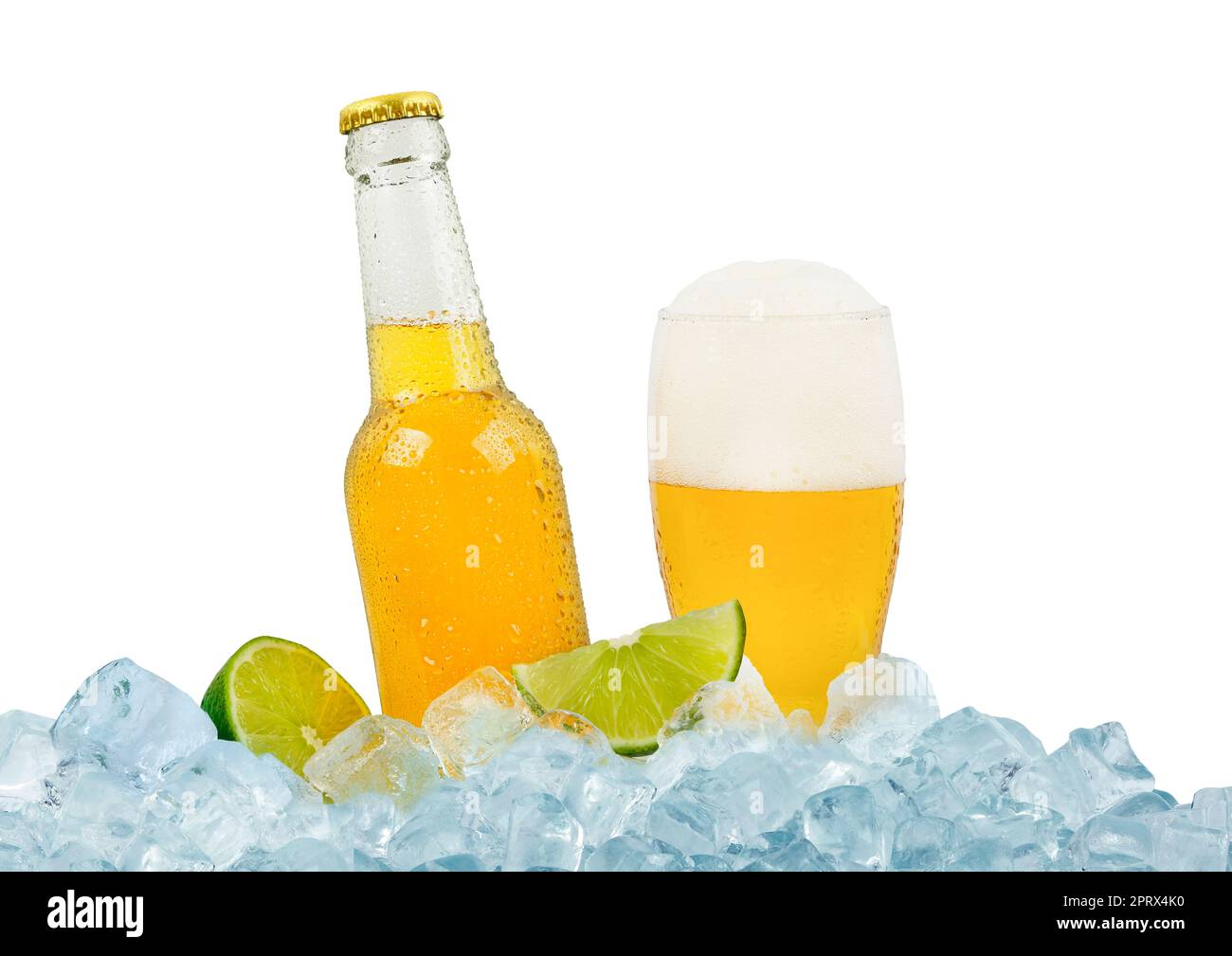 Bottle and glass of lager beer on ice Stock Photo