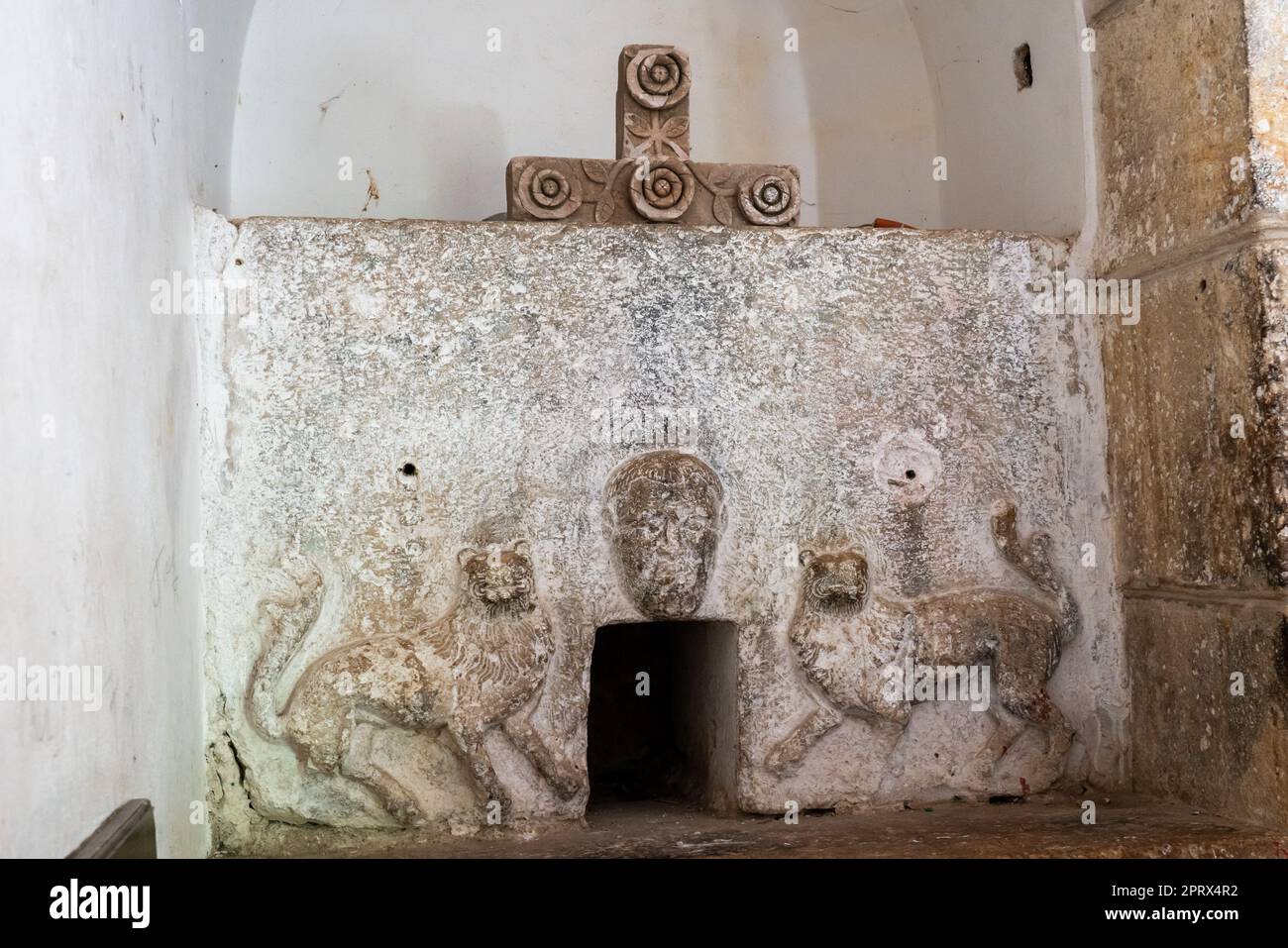 A priest's tomb in the ex-convent of the 16th Century Church of Saint Peter and Saint Paul in Villa de Etla, Oaxaca, Mexico. Stock Photo