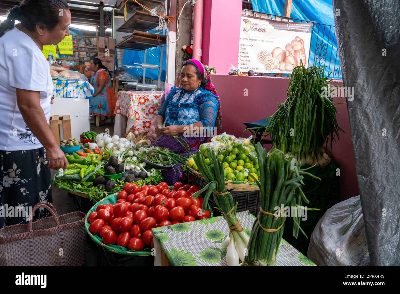 An indigenous Zapotec woman in traditional dress selling fresh produce in the market in