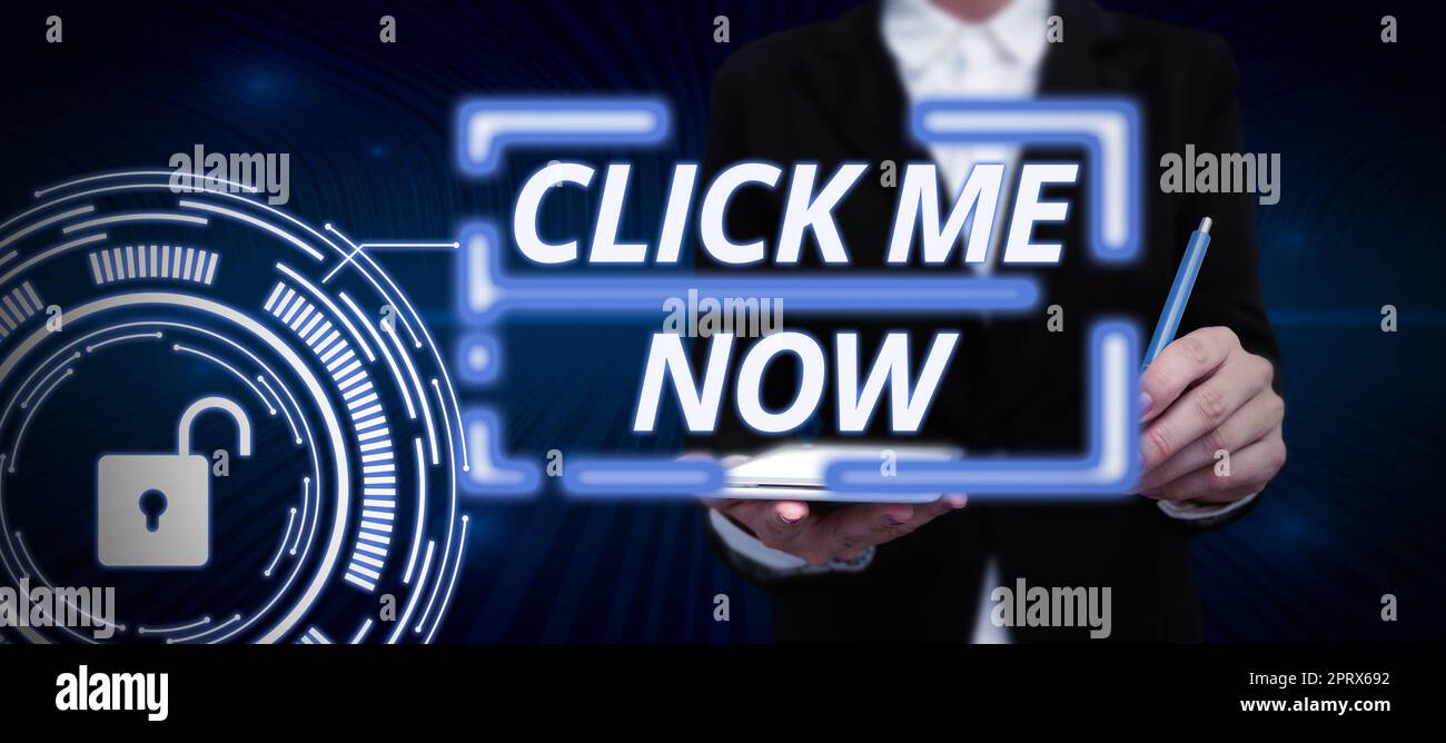 Conceptual caption Click Me Now, Word Written on Internet helping desk ...