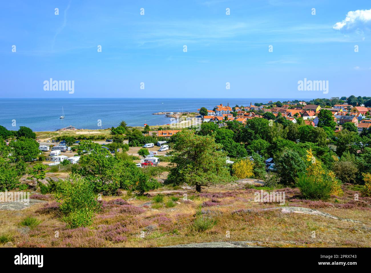 Osand Bay and Sandvig village, Allinge-Sandvig municipality on the northern tip of Bornholm Island, Denmark, Scandinavia, Europe. Stock Photo