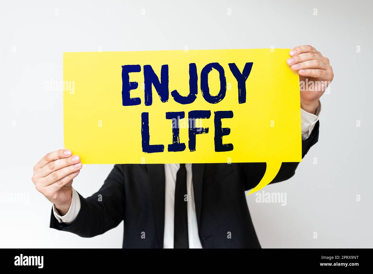 Hand writing sign Enjoy Life, Word Written on Any thing, place,food or person, that makes you relax and happy Stock Photo
