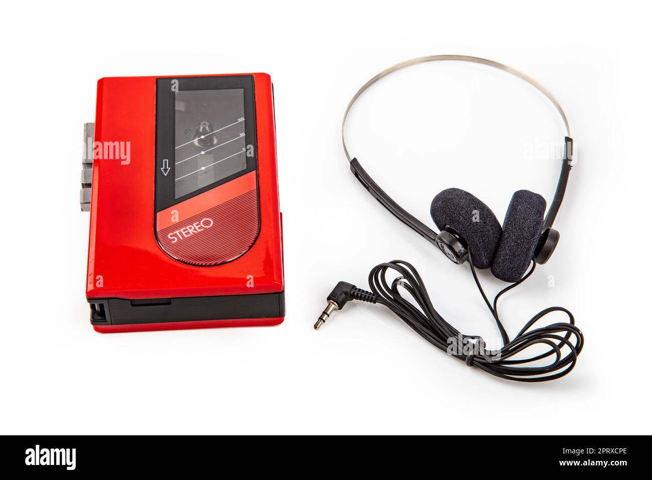 Red Walkman with Headphone and Tape isolated on bright background Stock