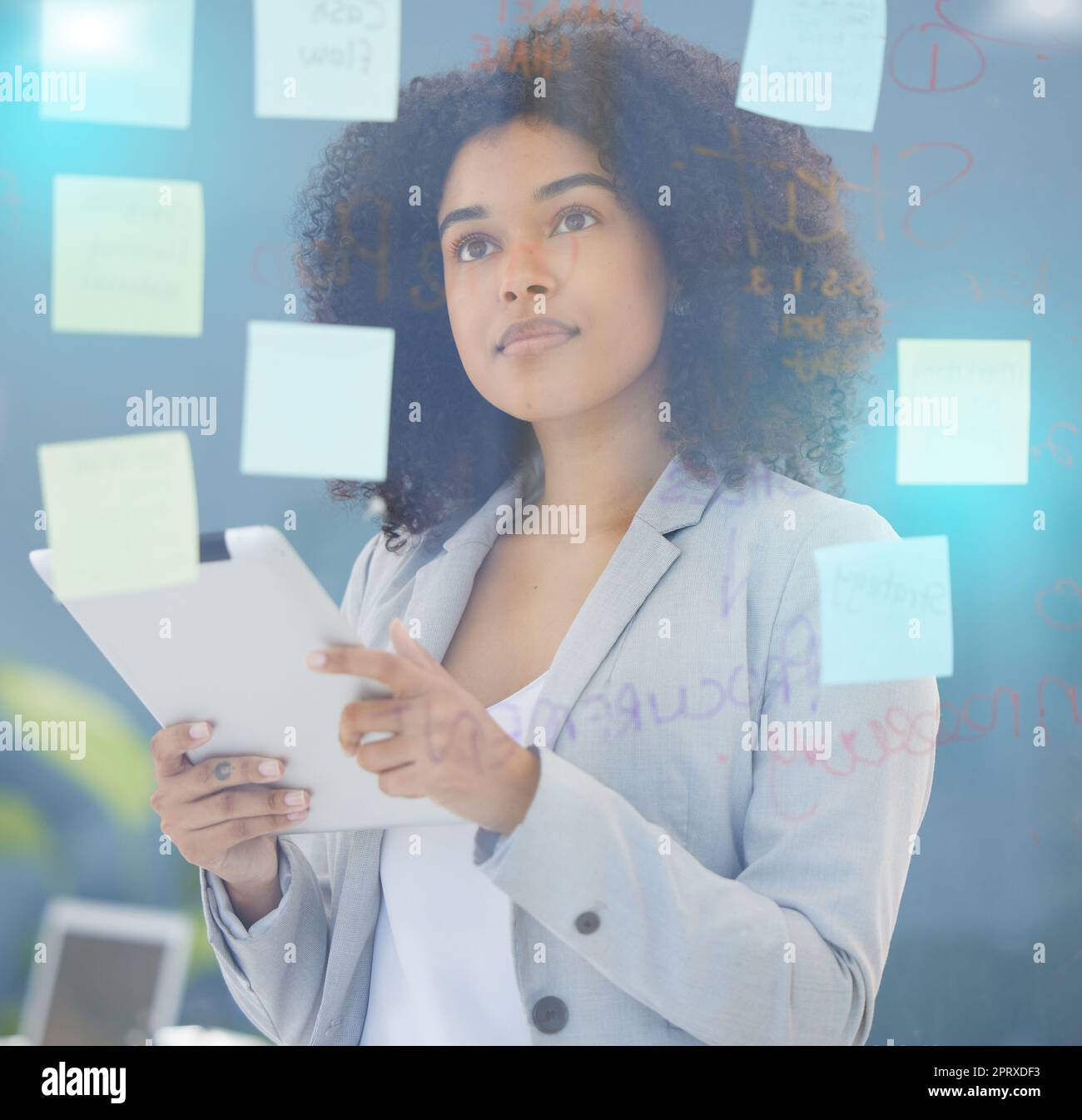Black woman, tablet planning and glass ideas for office schedule