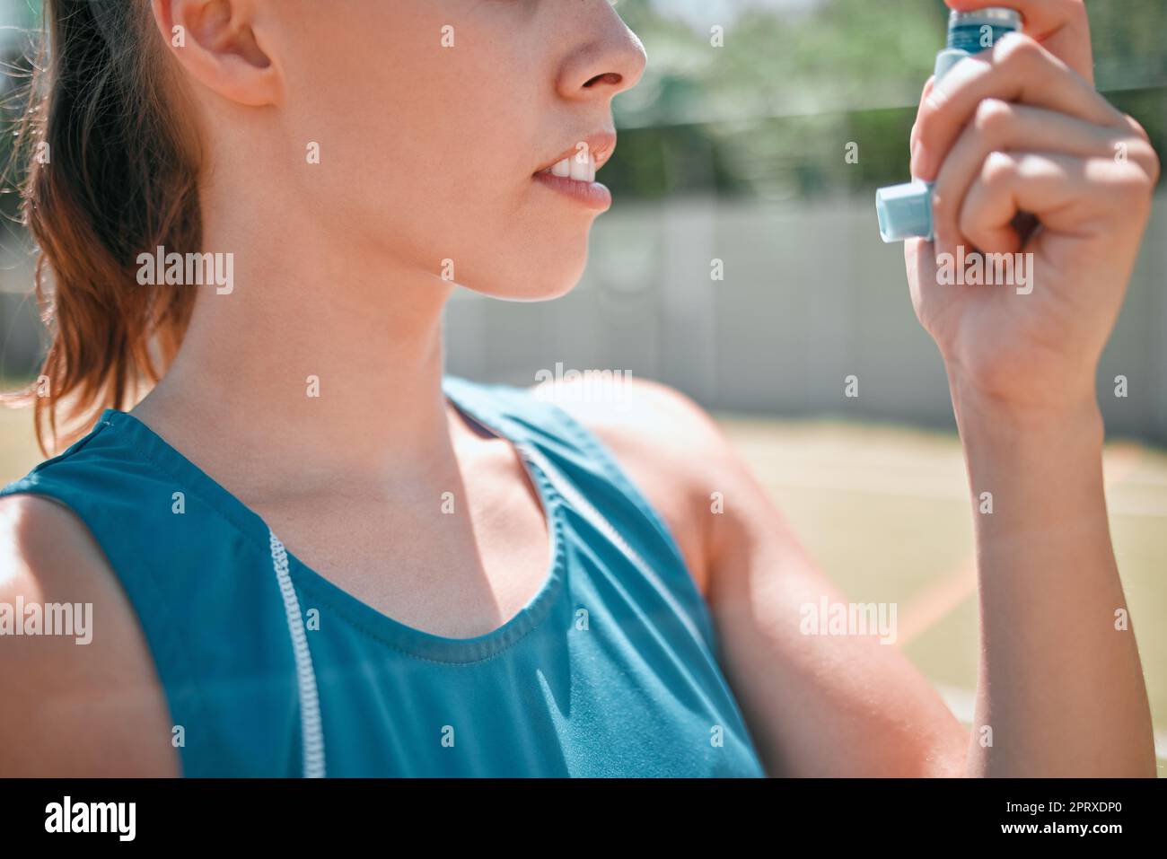Sport, tennis and woman with asthma and health, inhaler for breath during fitness on tennis