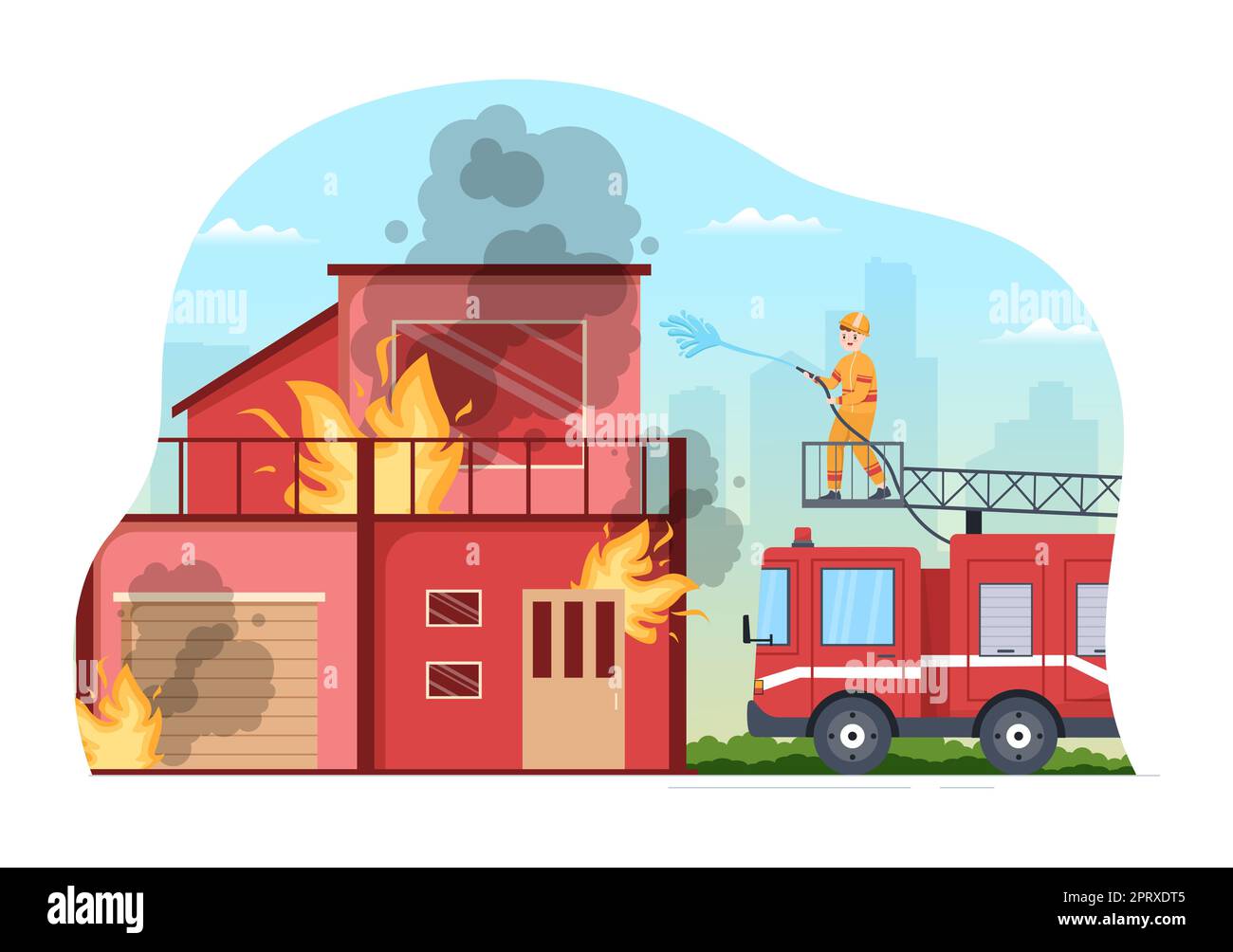 Fire Department with Firefighters Extinguishing House, Forest and