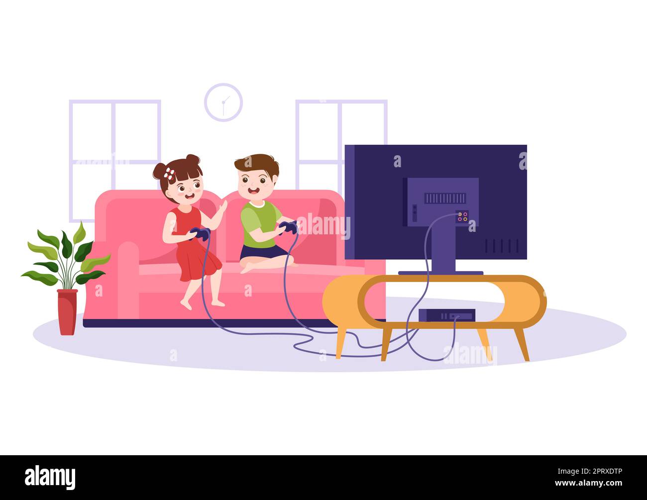 Video Game with Kids Playing Gamepad Controllers Fighting Console on Android Mobile Computer in Flat Cartoon Hand Drawn Template Illustration Stock Photo