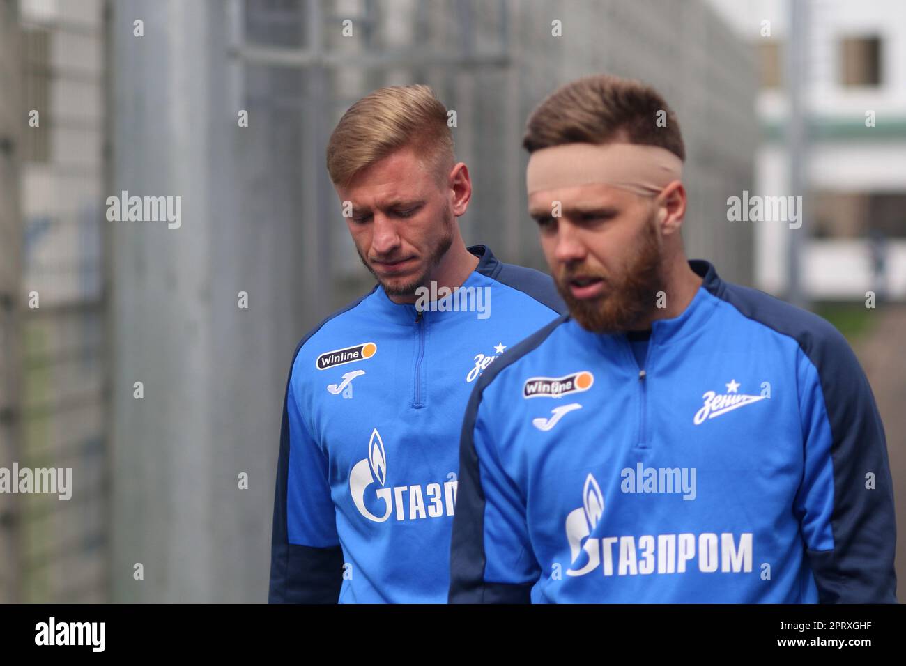 Saint Petersburg, Russia. 27th Apr, 2023. Dmitri Chistyakov (No.2), Ivan Sergeev (33), a football player of Zenit Football Club at a training session open to the media in Saint Petersburg, before the match of the 26th round of the Russian Premier League, Krylia Sovetov Samara - Zenit Saint Petersburg. Credit: SOPA Images Limited/Alamy Live News Stock Photo