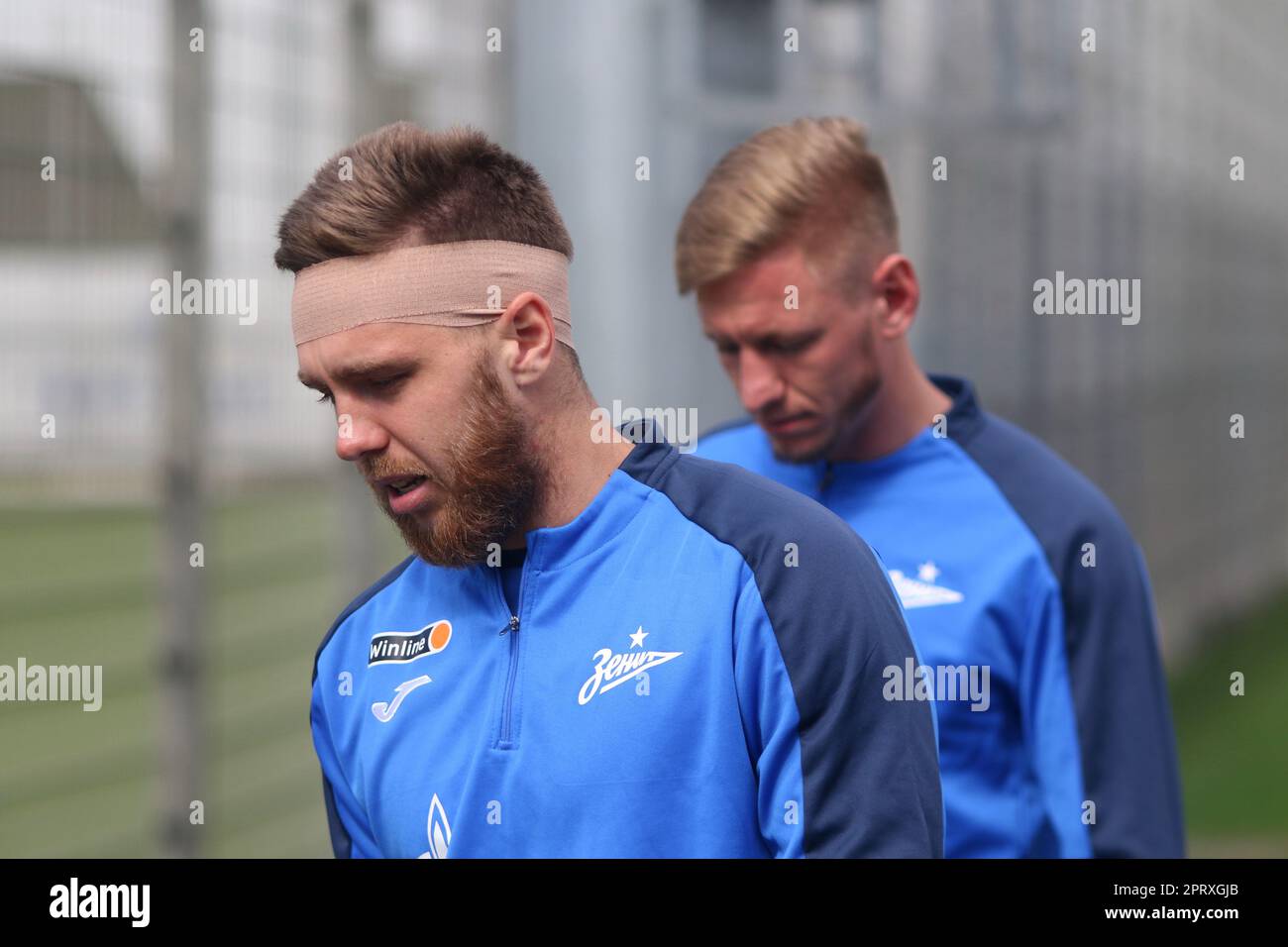 Saint Petersburg, Russia. 27th Apr, 2023. Dmitri Chistyakov (No.2), Ivan Sergeev (33), a football player of Zenit Football Club at a training session open to the media in Saint Petersburg, before the match of the 26th round of the Russian Premier League, Krylia Sovetov Samara - Zenit Saint Petersburg. Credit: SOPA Images Limited/Alamy Live News Stock Photo