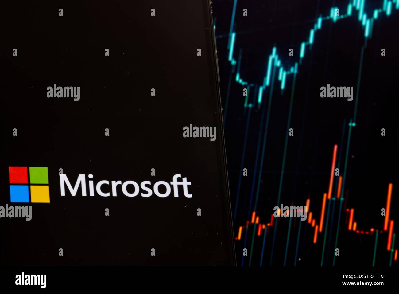 Microsoft stock price on the trading market with chart on the company logo displayed on smartphone. Stock Photo