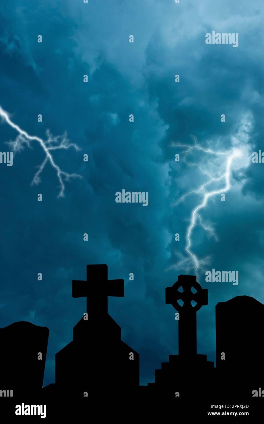 cemetery tombs and stormy sky Stock Photo