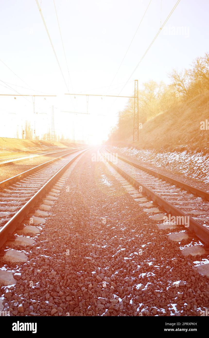 Landscape of a snowy Russian winter railway under bright sunlight The ...
