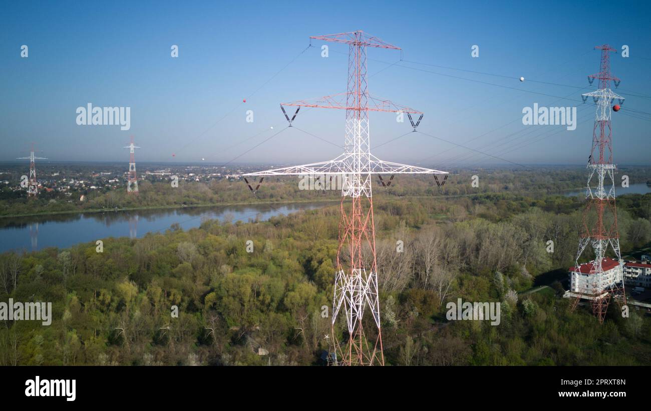 Highvoltage power line goes over Vistula River close to Warsaw, Poland