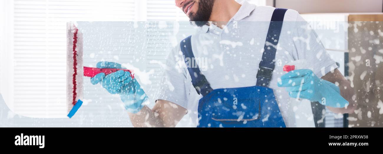 Janitor Cleaning Window. Building Workplace Sanitation Service Stock Photo
