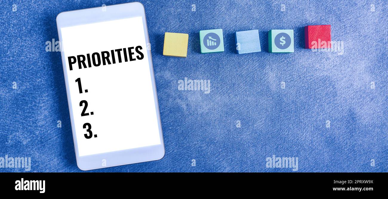 Text caption presenting Priorities, Word Written on more important is ...