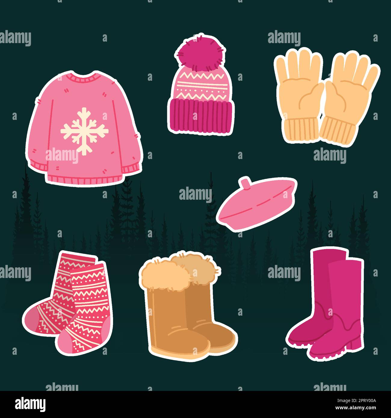 Cute cartoon doodles with female winter wear, sweaters Stock Vector