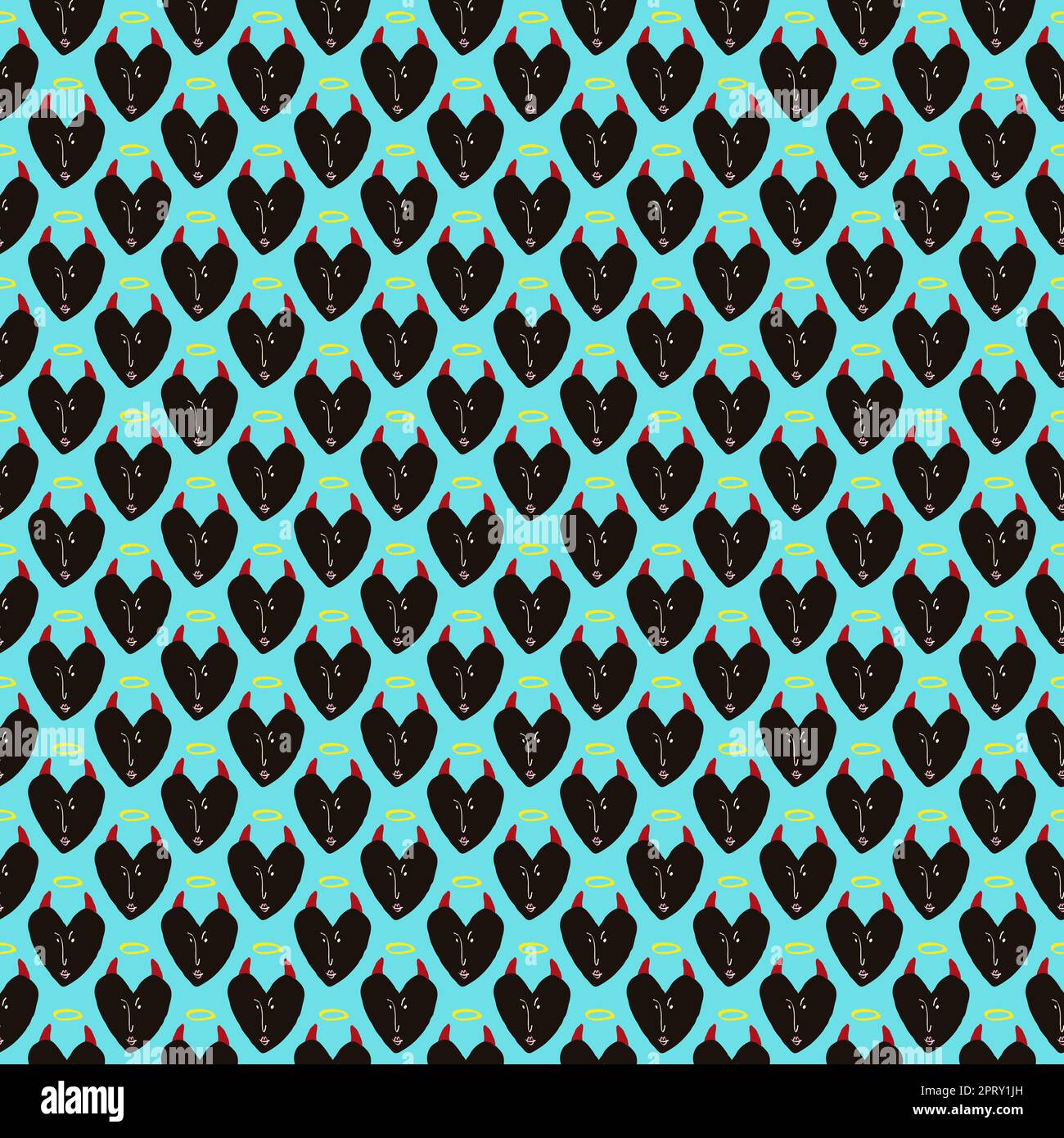 Valentines Day pattern with ugly devil hearts. Groovy cute love characters Stock Photo