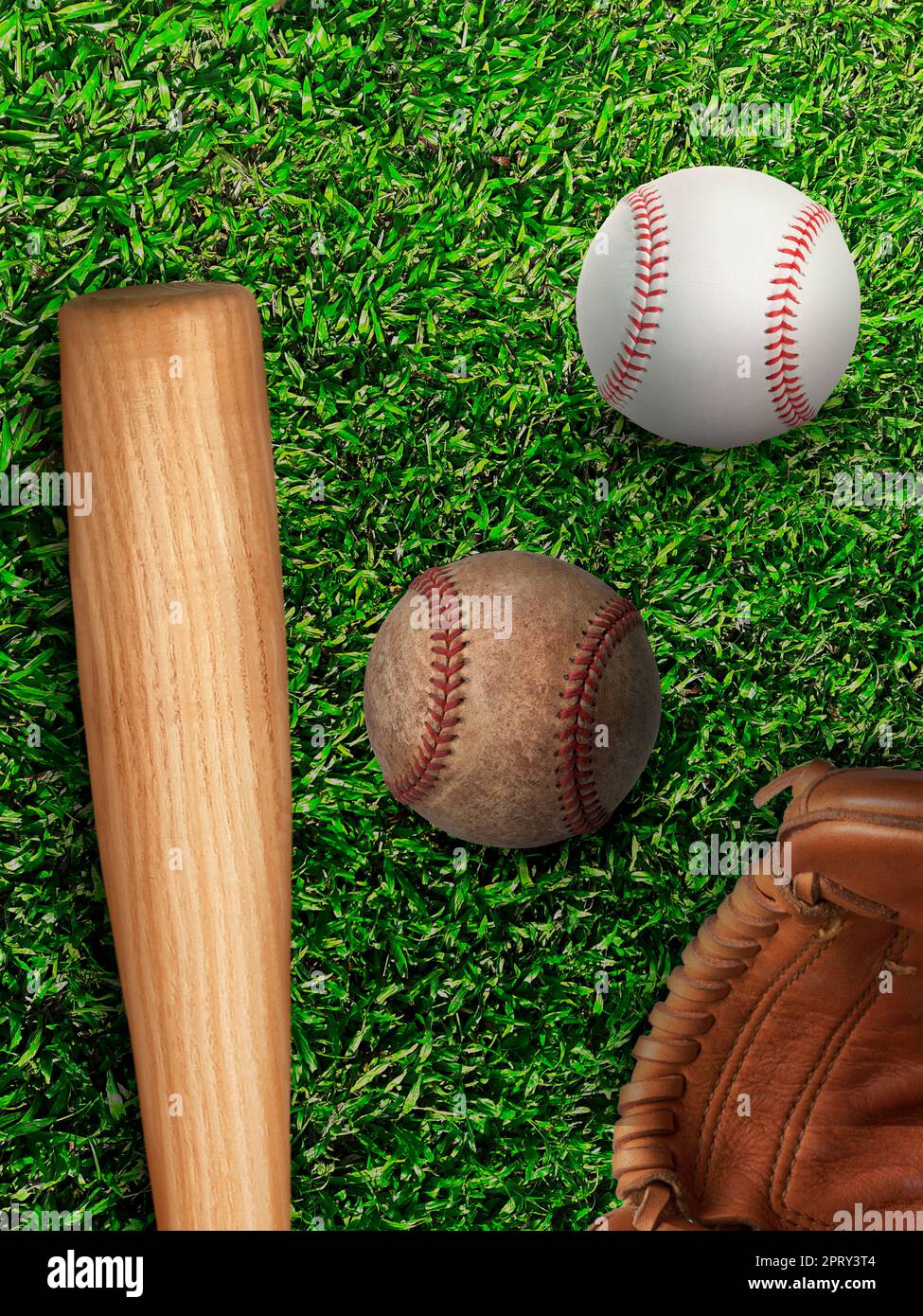 baseball, glove, ball and bat on field Stock Photo Alamy