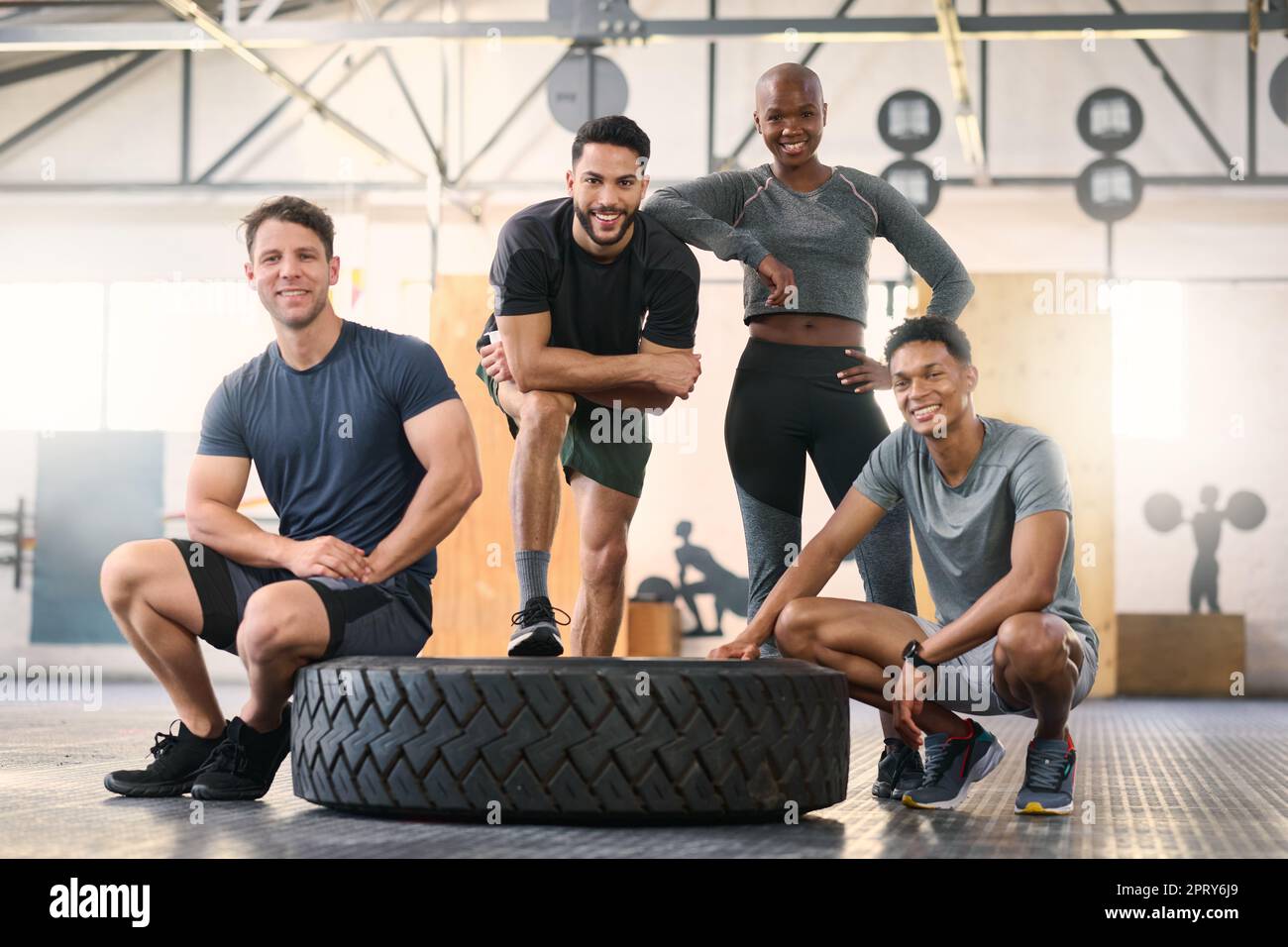 Fitness, friends and gym portrait by happy, relax and proud group