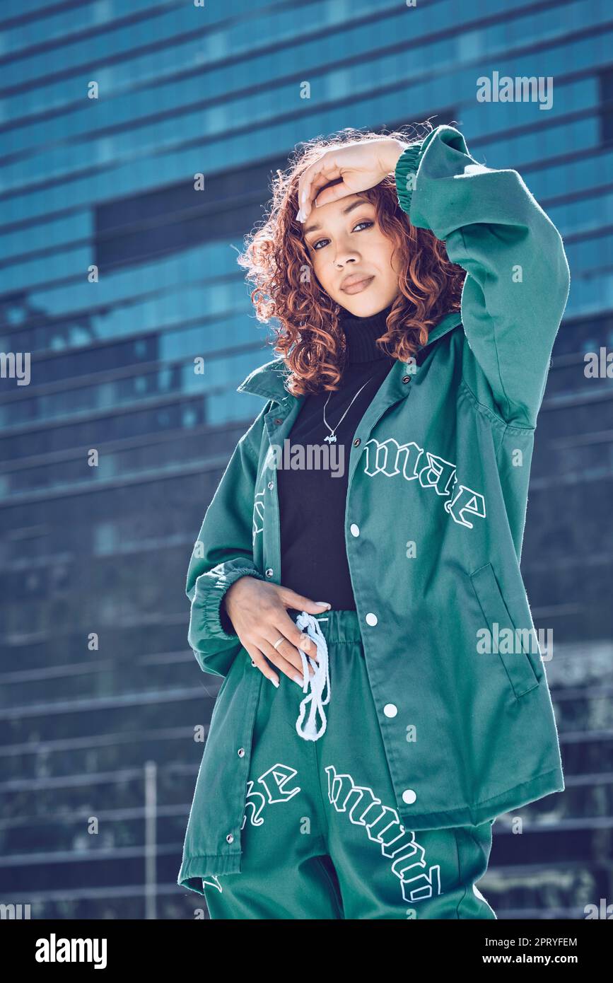 Black woman, hip hop and street model in city with modern fashion clothes,  urban style and edgy clothing. Portrait of confident gen z beauty, cool gir  Stock Photo - Alamy
